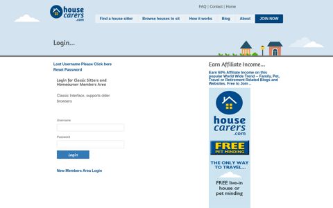 Login for Classic Sitters and Homeowner Members Area