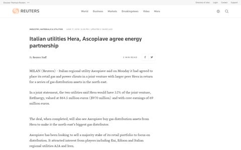 Italian utilities Hera, Ascopiave agree energy partnership ...