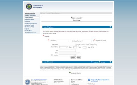 FAA Registry - Airmen - AirmenInquiry - Name Search