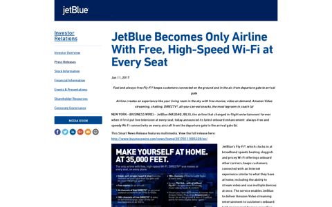 JetBlue Becomes Only Airline With Free, High-Speed ... - JetBlue