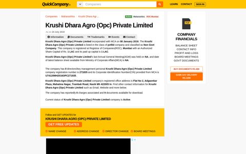 Krushi Dhara Agro (Opc) Private Limited - Company ...