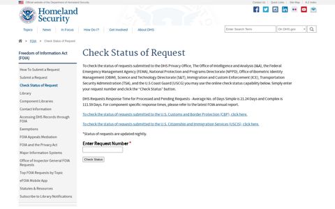 Check Status of Request | Homeland Security