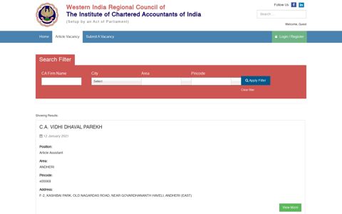 Article Vacancy - Western India Regional Council of ICAI - Wirc