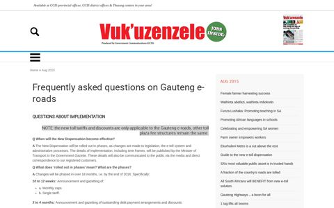 Frequently asked questions on Gauteng e-roads | Vuk'uzenzele