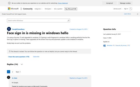 Face sign in is missing in windows hello - Microsoft Community