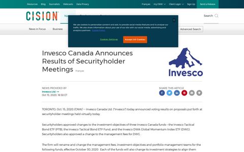Invesco Canada Announces Results of Securityholder Meetings