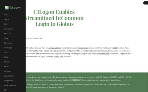 CILogon Enables Streamlined InCommon Login to Globus