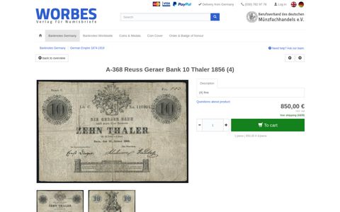 A-368 Reuss Geraer Bank 10 Thaler 1856 (4) - Worbes