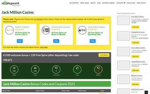 EXCLUSIVE Jack Million Casino Bonus Codes and Free Spins