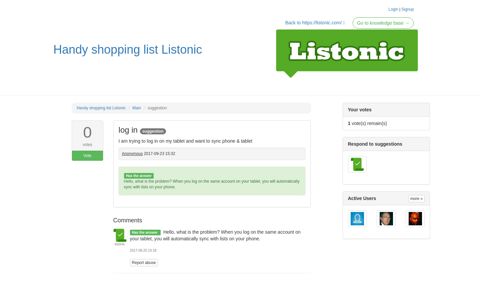 Handy shopping list Listonic - log in