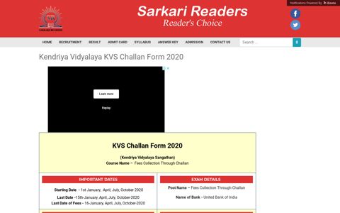 Kendriya Vidyalaya KVS Challan Form 2020
