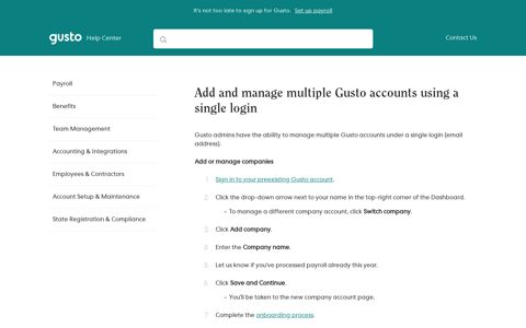 Add and manage multiple Gusto accounts using a single login