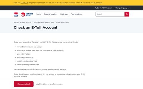Check an E-Toll Account | Service NSW