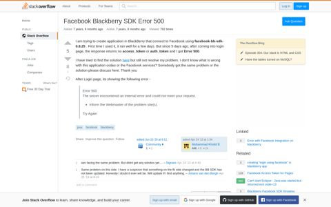 Facebook Blackberry SDK Error 500 - Stack Overflow