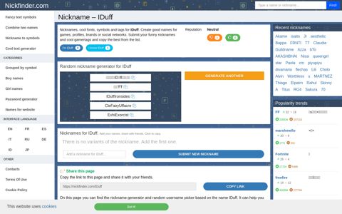 IDuff - Names and nicknames for IDuff - Nickfinder.com