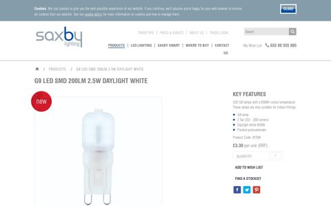 G9 LED SMD 200LM 2.5W daylight white - Saxby Lighting