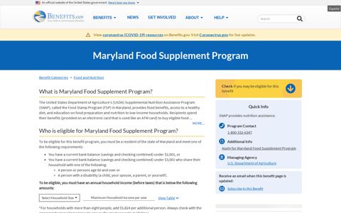 Maryland Food Supplement Program | Benefits.gov