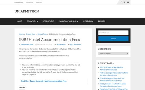 IBBU Hostel Accommodation Fees - Uniadmission
