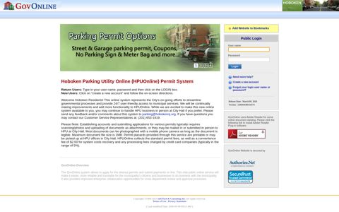 Hoboken Parking Utility Online (HPUOnline) Permit System