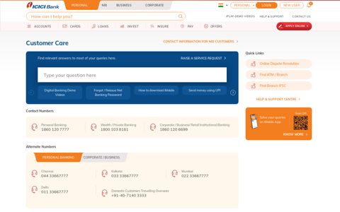 Banking Services | Customer Care Number ... - ICICI Bank