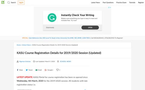 KASU Course Registration Details for 2019/2020 Session ...