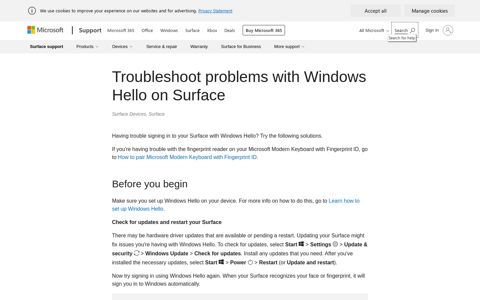 Troubleshoot problems with Windows Hello on Surface