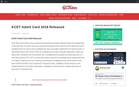 KCET Admit Card 2018 Released - GConnect