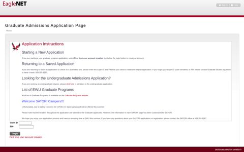 Graduate Admissions Application Page - EagleNET