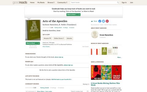 Acts of the Apostles by Ernst Haenchen - Goodreads