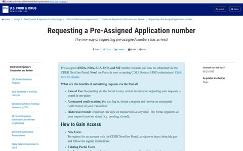 Requesting a Pre-Assigned Application number | FDA