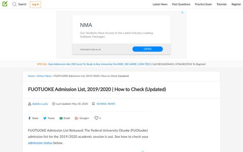 FUOTUOKE Admission List, 2019/2020 | How to Check ...
