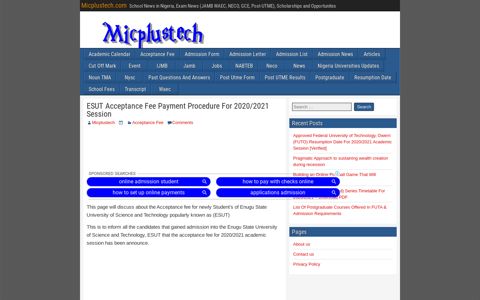ESUT Acceptance Fee Payment Procedure For 2020/2021 ...