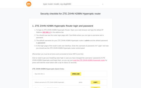 192.168.1.1 - ZTE ZXHN H298N Hyperoptic Router login and ...
