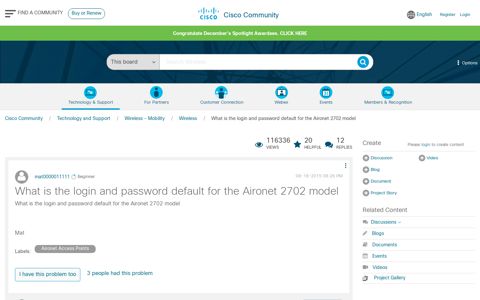 What is the login and password default for the Aironet 2702 ...