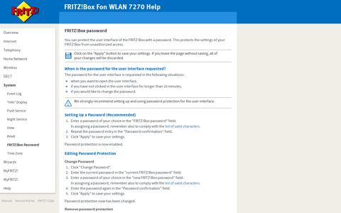 FRITZ!Box Fon WLAN 7270 Help - FRITZ!Box password