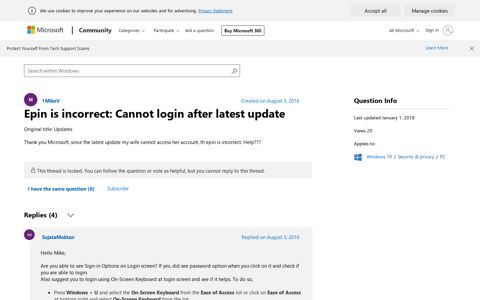Epin is incorrect: Cannot login after latest update - Microsoft ...