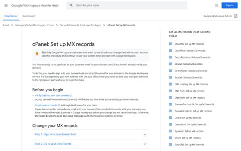 cPanel: Set up MX records - Google Workspace Admin Help