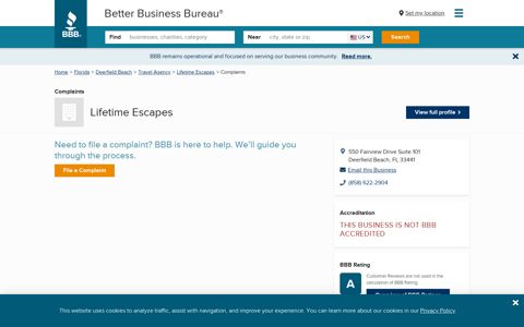 Lifetime Escapes | Complaints | Better Business Bureau® Profile