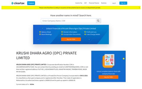 KRUSHI DHARA AGRO (OPC) PRIVATE LIMITED - ClearTax
