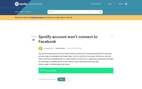 Solved: Spotify account won't connect to Facebook - The ...
