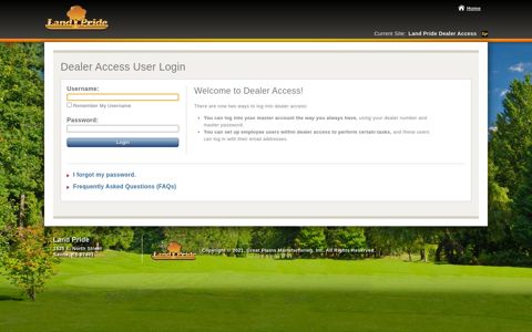 Land Pride Dealer Access: Dealer Access User Login