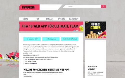 FIFA 18 Web App für Ultimate Team | FifaPedia