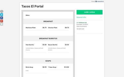 Menus for Tacos El Portal - Escondido - SinglePlatform
