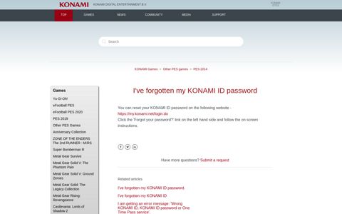 I've forgotten my KONAMI ID password – KONAMI Games