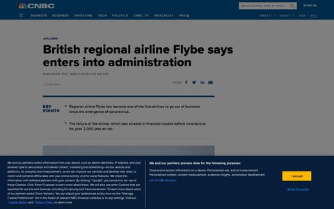 British regional airline Flybe says enters into administration