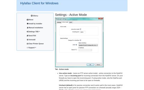 Settings - Active Mode - Hylafax Client for Windows