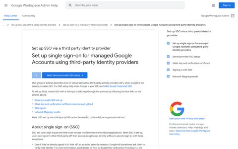 Set up single sign-on for managed Google Accounts using third