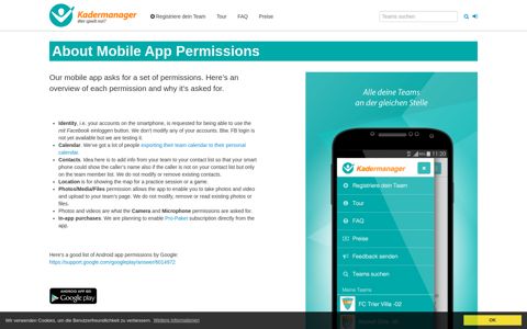 Mobile App Permissions - Kadermanager.de