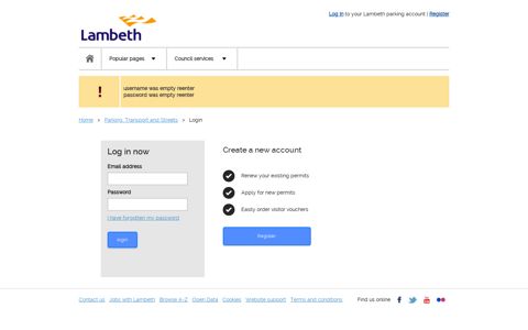 Log In to your Lambeth parking account | Register