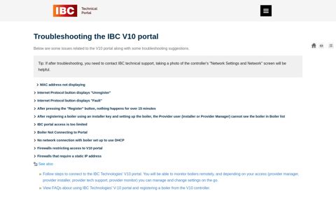 Find troubleshooting topics on IBC Technologies' V10 portal